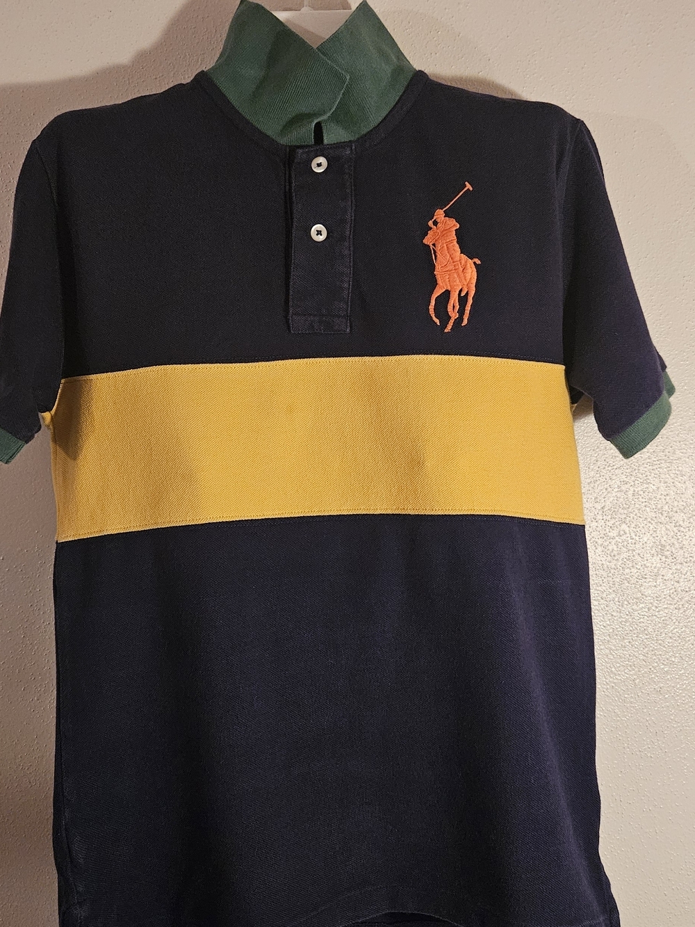 Polo by Ralph Lauren Navy Polo with Yellow Stripe and Orange Logo